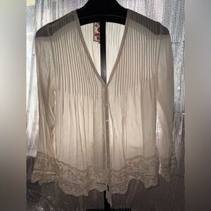 Johnny Was Ivory Pleated Blouse with Lace Trim Sz M🥀